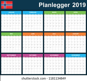 Norwegian Planner blank for 2019. Scheduler, agenda or diary template. Week starts on Monday