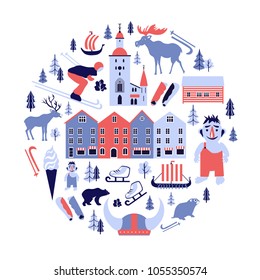 Norwegian round frame cartoon vector winter backdrop, Norway landmark Bryggen, Bergen Cathedral, traditional food, wild animal, building Scandinavian decorative cityscape flat style for travel design