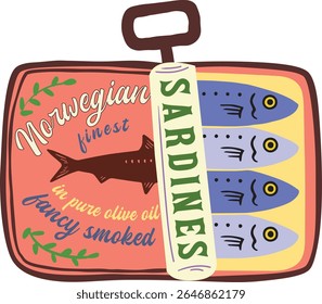 Norwegian Sardines in Olive Oil Illustration
A colorful flat illustration of an opened tin can of Norwegian sardines in pure olive oil