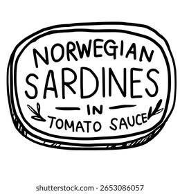 Sardinhas norueguesas em molho de tomate lata de peixe enlatado Desenhado à mão esboço arte rabiscar pescador estético costeiro ilustração náutica 