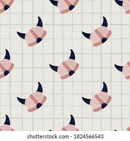Norwegian seamless pattern with armor viking helmet silhouettes. Ancient elements in pink tones on grey chequered background. For fabric design, textile print, wrapping, cover. Vector illustration.