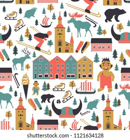 Norwegian seamless pattern, cartoon vector backdrop, Norway landmark Bryggen, Bergen Cathedral, traditional food, wild animal, building scandinavian decorative cityscape flat style for travel design