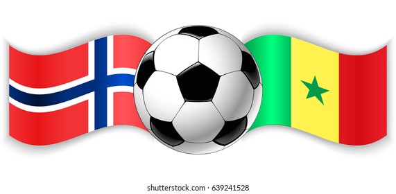 Norwegian and Senegalese wavy flags with football ball. Norway combined with Senegal isolated on white. Football match or international sport competition concept.