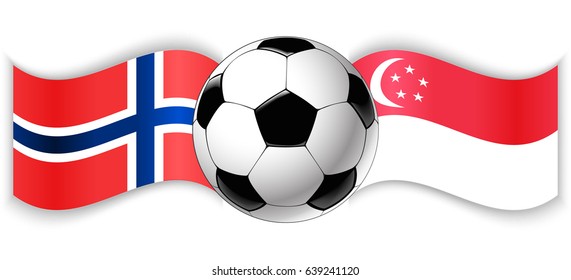 Norwegian and Singaporean wavy flags with football ball. Norway combined with Singapore isolated on white. Football match or international sport competition concept.