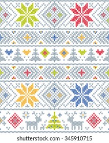 Norwegian, Slavic folk ethnic art knitted embroidery pattern.Happy New Year. Ornament with deers. Pullover, sweater. Winter snow.