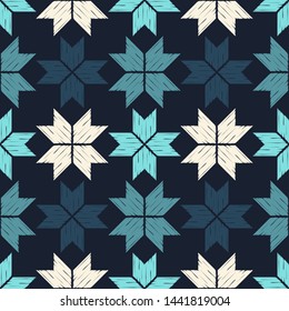 Norwegian snowflakes. Art seamless pattern. Ethnic print. Multicolored. Boho. Traditional ornament. Folk motif. Vector geometric background. Can be used for social media, posters, email, print.