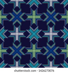 Norwegian snowflakes. Ethnic boho seamless pattern. Lace. Embroidery on fabric. Patchwork texture. Traditional ornament. Tribal pattern. Folk motif. Can be used for wallpaper, textile, wrapping.