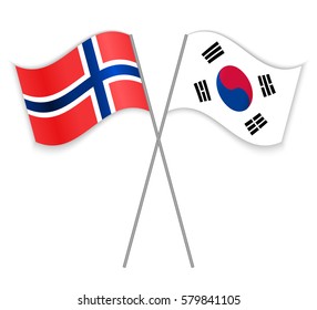 Norwegian and South Korean crossed flags. Norway combined with South Korea isolated on white. Language learning, international business or travel concept.