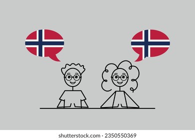 hablantes noruegos, caricaturistas y niñas con burbujas de voz en los colores de la bandera de Noruega, aprendiendo lenguaje nórdico vectorial ilustración