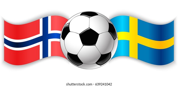 Norwegian and Swedish wavy flags with football ball. Norway combined with Sweden isolated on white. Football match or international sport competition concept.