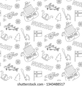 Norwegian symbols icons doodle line seamless vector pattern