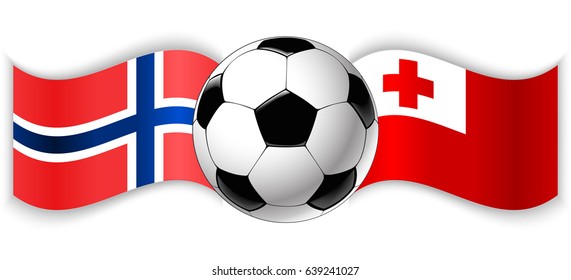 Norwegian and Tongan wavy flags with football ball. Norway combined with Tonga isolated on white. Football match or international sport competition concept.