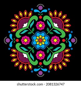 Arte folclórico tradicional noruego Patrón Bunad - bordado estilo Rosemaling con flores sobre fondo negro. Diseño vectorial colorido con flores inspiradas en los adornos de Noruega

 