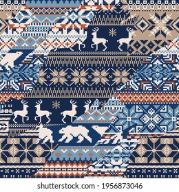 Norwegian traditional knitted jacquard patchwork abstract textile vector seamless pattern