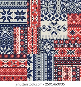 Norwegian traditional knitted snow flakes jacquard patchwork abstract winter textile vector seamless pattern for shirt sweater fabric wallpaper tablecloth pillow carpet