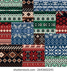 Norwegian traditional knitted snow flakes jacquard patchwork abstract winter textile vector seamless pattern for shirt sweater fabric wallpaper tablecloth pillow carpet
