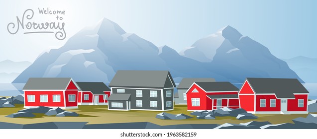 Norwegian traditional village town with fjords in the background.