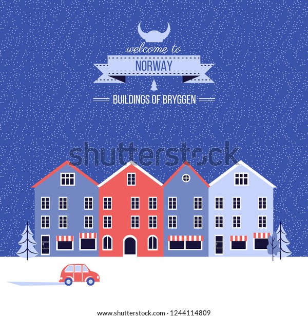 Norwegian travel cartoon vector winter greeting
card, Norway landmark Bryggen, Bergen, Scandinavian decorative
cityscape flat style, urban landscape for holiday design, poster
with european
building