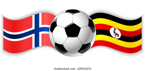 Norwegian and Ugandan wavy flags with football ball. Norway combined with Uganda isolated on white. Football match or international sport competition concept.