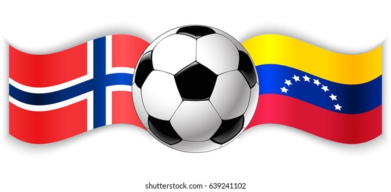 Norwegian and Venezuelan wavy flags with football ball. Norway combined with Venezuela isolated on white. Football match or international sport competition concept.