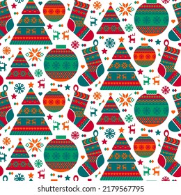Norwegian xmas decoration seamless pattern vector. Norway style decorated fir-tree and toy in sphere form, sock and snowflake for celebrate christmas. Deer animal and star flat cartoon illustration