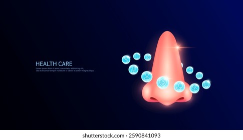 Nose anatomy with medical icon sign symbol inside glowing ball surrounded. Human organ on dark blue background. Medical science health care concept. Banner Vector.
