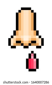 Nose bleeding, black outline pixel art icon isolated on white background. 8 bit medical condition symbol. Nosebleed emoji. Old school vintage retro slot machine/video game graphics.