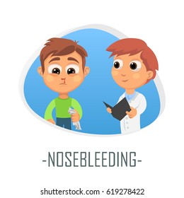 Nose bleeding medical concept. Vector illustration. Doctor and patient are talking in the hospital. Isolated on white background.