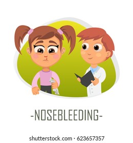 Nose bleeding medical concept. Vector illustration. Doctor and patient are talking in the hospital. Isolated on white background.