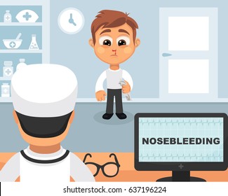 Nose bleeding medical concept. Vector illustration. Doctor and patient are talking in the hospital. Isolated on white background.