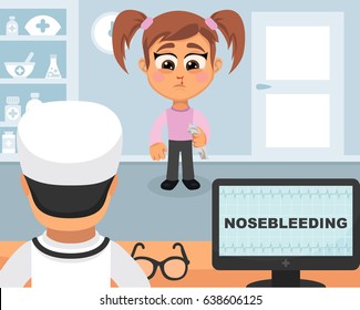 Nose bleeding medical concept. Vector illustration. Doctor and patient are talking in the hospital. Isolated on white background.