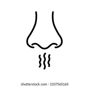 Nose and breath icon. Nasal breathing. Human organ of smell. Unpleasant smell. Nose inhales fragrance outline icon. Vector illustration in line style on white background. Editable stroke. svg