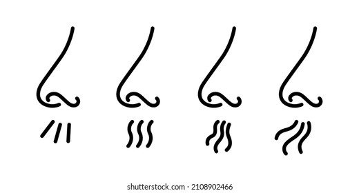 Nose and breath icon. Nasal breathing. Human organ of smell. Unpleasant smell. Nose inhales fragrance. Set of outline icons. Vector illustration in line style on white background. Editable stroke.