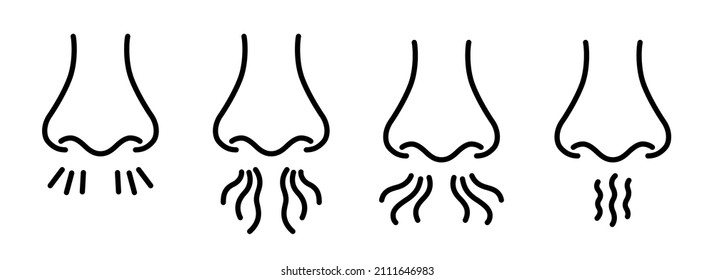 Nose And Breath Icon. Nasal Breathing. Human Organ Of Smell. Unpleasant Smell. Nose Inhales Fragrance. Set Of Outline Icons. Vector Illustration In Line Style On White Background. Editable Stroke.