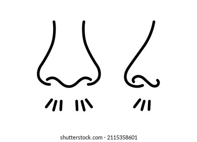 Nose and breath icon. Nasal breathing. Human organ of smell. Unpleasant smell. Nose inhales fragrance. Set of outline icons. Vector illustration in line style on white background. Editable stroke.