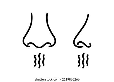 Nose and breath icon. Nasal breathing. Human organ of smell. Unpleasant smell. Nose inhales fragrance. Set of outline icons. Vector illustration in line style on white background. Editable stroke.