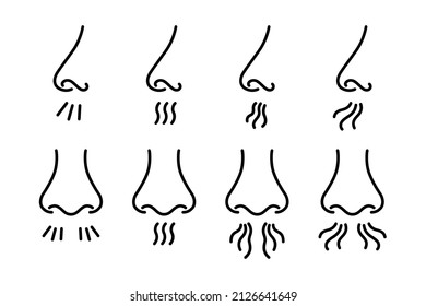 Nose and breath icon. Nasal breathing. Human organ of smell. Unpleasant smell. Nose inhales fragrance. Set of outline icons. Vector illustration in line style on white background. Editable stroke.