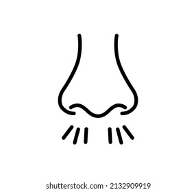 Nose and breath icon. Nasal breathing. Human organ of smell. Unpleasant smell. Nose inhales fragrance outline icon. Vector illustration in line style on white background. Editable stroke.