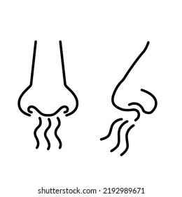 Nose and breath icon. Nasal breathing. Human organ of smell. Unpleasant smell. Nose inhales fragrance. Set of outline