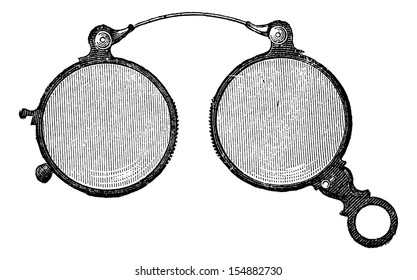 Nose clips has round glasses, vintage engraved illustration. Usual Medicine Dictionary - Paul Labarthe - 1885.