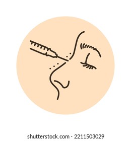 Nose correction with filler color line illustration. Hyaluronic injection. Cosmetology skin care concept. 