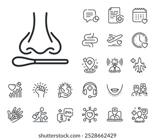 Nariz com placa de algodão. Ícones de descrição médica, paciente e medicina on-line. Ícone da linha de teste de cotonete nasal. Símbolo de teste de coronavírus. Sinal da linha de teste nasal. Vetor