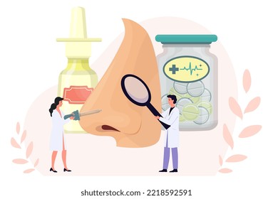 Nose disease concept. Nasal disorder treatment. Snots, running nose. Otorhinolaryngology concept. Physician appointment. Cold, rhinitis, sinusitis cure. Medical drops, medicines. Flat vector 