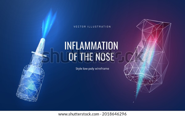 Nose disease in futuristic polygonal style.\
Treatment of rhinitis or allergies with spray. Otolaryngologist\'s\
landing page. Vector illustration demonstrates pain and\
inflammation on the nasal\
mucosa