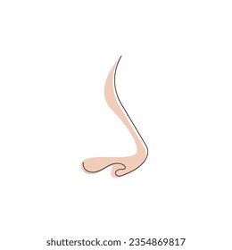 Nose drawn in one continuous line with color spot. One line drawing, minimalism. Vector illustration.