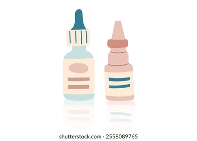 Nose drops and nasal spray bottles isolated on white. Concept of medicine, healthcare and cure. Vector flat clipart.