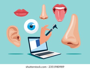 Nose, ear, eye, mouth and tongue. Anatomy. Flat vector illustration.