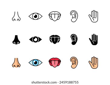 Conjunto de iconos de nariz, ojos, boca, oído, mano. Detenga el diseño de enfermedad. Lineal, silueta y estilo plano. Iconos vectoriales