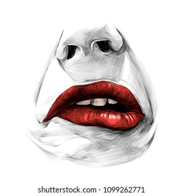 nose and female lips with red lipstick emotion of sadness disorder and disgust, sketch vector graphics