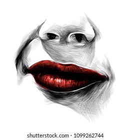 nose and feminine lips with red lipstick, a faint smile with a raised area, sketch vector graphics